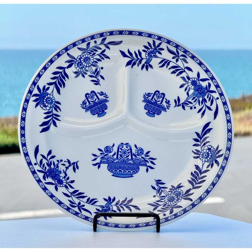 Sterling China USA Blue & White Heavy Duty Portion Plate 9" Chinoiserie Tray VTG